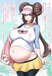 1girls belly big_belly big_breasts breasts brown_hair female gomala nipples_visible_through_clothing pokemon pregnant rosa_(pokemon) short_skirt skirt solo