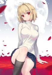 absurdres arcueid_brunestud breasts clothes_lift female highres hong_(white_spider) large_breasts panties red_eyes short_hair skirt skirt_lift smile sweater tsukihime underwear