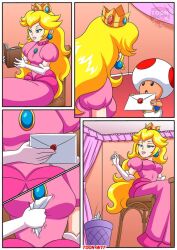 angry athletic_female bbmbbf blonde_hair blue_eyes cheating_wife crown desk letter mario_(series) nintendo page_1 palcomix peach_x_wendy_5_(comic) pink_dress princess princess_peach sfw super_mario_bros. thin_female toad_(mario)