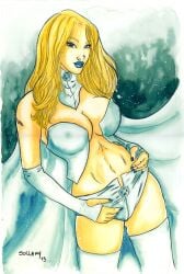 2013 blonde_hair blue_eyes blue_lipstick emma_frost female female_only marvel marvel_comics new_x-men nipple_bulge opera_gloves pussy_bulge sollamy thighhighs white_queen x-men