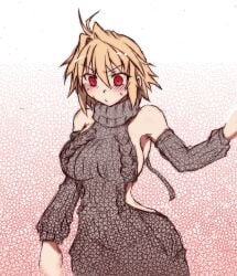 ahoge aran_sweater arcueid_brunestud backless_dress backless_outfit black_sweater blonde_hair breasts cable_knit drawstring dress female hair_between_eyes hair_intakes halterneck meme_attire naked_sweater red_eyes ribbed_sweater short_hair sideboob sweater sweater_dress tententensan tsukihime turtleneck turtleneck_sweater virgin_killer_sweater