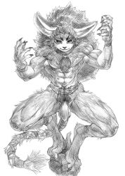 anthro belt claws digitigrade felid feline flaccid foreskin genitals graphite_(artwork) hair humanoid_genitalia humanoid_penis jewelry kemono long_hair looking_at_viewer male mammal marudi monochrome mostly_nude multi_nipple muscular muscular_anthro muscular_male necklace nipples paws penis simple_background smile solo standing traditional_media_(artwork) white_background