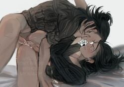 2boys anal_penetration anal_sex black_hair blank_background character_in_background clothed_male clothed_sex cum cum_in_ass earrings gay jujutsu_kaisen male/male male_only missionary missionary_position selfcest spread_legs suguru_geto tagme twitter_username watermark yaoi ysd2_0