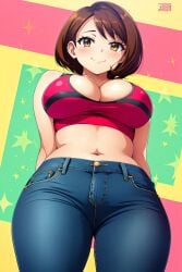 abstract_background ai_generated arms_at_sides arms_behind_back belly belly_button big_breasts blue_jeans blush bob_cut brown_hair busty cleavage creatures_(company) crop_top curvy denim_jeans female female_only from_below front_view game_freak gloria_(pokemon) hi_res highres jeans looking_at_viewer navel nintendo pokemon pokemon_(game) pokemon_ss pokemon_trainer seraphim_ai smile solo sports_bra stable_diffusion tight_jeans