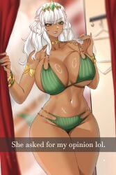 1girls bikini breasts dark-skinned_female female female_only huge_breasts human league_of_legends qiyana_yunalai revealing_clothes ryuukusnpaiarts snapchat solo solo_female standing text voluptuous wide_hips