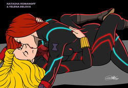 2girls avengers black_widow_(marvel) blonde_hair bodysuit closed_eyes french_kiss kaywest kissing large_breasts long_hair lying marvel marvel_comics multiple_girls natasha_romanoff pale_skin red_hair tongue yelena_belova yuri