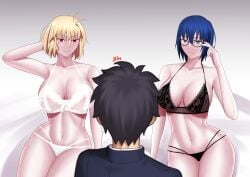 1boy 2girls absurdres ahoge arcueid_brunestud bed black_bra black_hair black_panties black_vs_white blonde_hair blue_eyes blue_hair blush bra breasts ciel_(tsukihime) covered_erect_nipples glasses hair_intakes highres large_breasts long_sleeves medium_breasts multiple_girls navel nipples panties red_eyes school_uniform see-through see-through_bra short_hair smile tohno_shiki tsukihime tsukihime_(remake) underwear white_bra white_panties zinfian