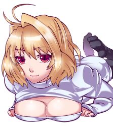 00s antenna_hair arcueid_brunestud black_pantyhose breasts cleavage cleavage_cutout clothing_cutout female female_focus hair_intakes large_breasts lips looking_at_viewer lying meme_attire no_shoes ogachin on_stomach open-chest_sweater pantyhose ribbed_sweater short_hair slit_pupils smile solo sweater tsukihime turtleneck white_background