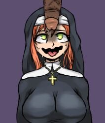 ahe_gao big_breasts big_penis black_penis cock_worship crucifix green_eyes nun nun_costume penis_on_face red_hair sweat sweating tongue_out