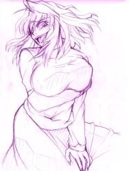 00s :p arcueid_brunestud breast_hold breasts fangs female huge_breasts melty_blood messy_hair miton_(caramel_choco) monochrome purple_theme red_arcueid short_hair sketch skirt solo sweater tongue tongue_out tsukihime turtleneck