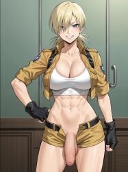 abs ai_generated athletic athletic_female big_penis blonde_hair blue_eyes bottom_view cropped_shirt female fingerless_gloves foreskin futa_only futanari hair_over_one_eye hellsing hjqjjwbeb huge_balls huge_cock looking_at_viewer penis seras_victoria shorts six_pack solo solo_female solo_focus taker_pov uncut vampire vampire_girl