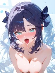 1girls ahe_gao ai_generated bangs blush breasts cleavage completely_nude drooling genshin_impact green_eyes hoyoverse mona_(genshin_impact) navel nipples nude outdoors snowy_yukino sunny tongue tongue_out twintails