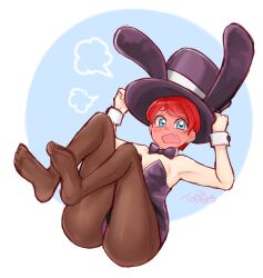 1girls 2024 bent_legs blue_eyes blush bunny_ears bunnysuit embarrassed female female_only heavy_blush hi_res looking_at_viewer marinalfirst neck_ribbon oerba_yun_fang open_mouth pantyhose red_face red_hair solo top_hat topsie_turvy wrist_cuffs