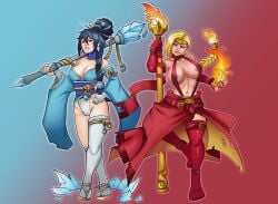 2girls black_hair blonde_hair cold_bitch_(markydaysaid) eros_(markydaysaid) fire hot_slut_(markydaysaid) ice mage magical_girl magical_staff markydaysaid multiple_girls nipple_slip open_toe_shoes sorceress witch