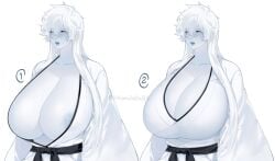 1girls black_eyes bleach bleach:_the_thousand-year_blood_war blue_tongue breasts breasts_bigger_than_head genderswap_(mtf) hollow_(species) huge_breasts k4onozeda04 massive_breasts rule_63 version_comparison white_hair white_skin yellow_iris zangetsu