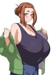 1girls big_breasts blush breasts brown_hair busty curvaceous curvy curvy_body curvy_female curvy_figure egoha. female huge_breasts kaii_to_otome_to_kamikakushi large_breasts mole mole_under_eye smile smiling sumireko_ogawa voluptuous white_background