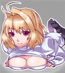 00s antenna_hair arcueid_brunestud black_pantyhose breasts cleavage cleavage_cutout clothing_cutout female female_focus hair_intakes large_breasts lips looking_at_viewer lying meme_attire no_shoes ogachin on_stomach open-chest_sweater pantyhose ribbed_sweater short_hair slit_pupils smile solo sweater tsukihime turtleneck