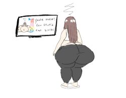 1girls ass ass_cleavage back_view bathroom_scale big_ass bottom_heavy butt_crack fat_shaming female gabbadraws mizuki_(gabbadraws) text thighs tv_screen