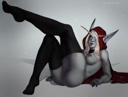 hood laying_on_back looking_at_viewer medium_breasts nude nude_female nymphennoten pierced_nipples piercing pussy red_eyes stockings sylvanas_windrunner warchief warcraft world_of_warcraft