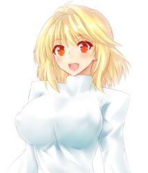 :d ahoge arcueid_brunestud blonde_hair blush breasts energy_sword female hair_intakes highres large_breasts looking_at_viewer minarai_tenna open_mouth red_eyes short_hair simple_background slit_pupils smile sweater sword tsukihime turtleneck upper_body weapon white_background