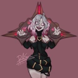 1girls blank_eyes blood_golem breasts briar_(league_of_legends) chilldarksona digital_art evil_smile fangs female grey_hair league_of_legends multicolored open_mouth pink_eyes pointy_ears sleeves teeth tights tongue_out white_eyes