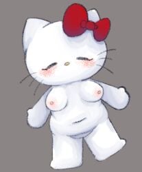 anthro blush breasts domestic_cat felid feline felis female fur hello_kitty hello_kitty_(character) hello_kitty_(series) kitty_white kittystarr lying mammal mouthless nipples nude on_back pink_nipples sanrio slightly_chubby smile solo white_body white_fur