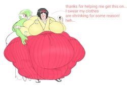 2girls alternate_breast_size belly bloated_belly breasts_bigger_than_head erika_(pokemon) fat_rolls female gabbadraws gardevoir huge_belly huge_breasts huge_thighs morbidly_obese multiple_girls obese pokémon_(species) pokemon pokemon_(species) talking_to_another text thighs weight_gain