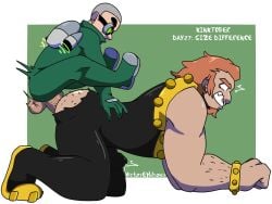 anal anal_sex balls bara boner dc dc_comics erection erection_under_clothes facial_hair gay gizmo_(dc) male male_only mammoth_(dc) muscles muscular muscular_male on_hands_and_knees overly_muscular penis ripped_clothing sex size_difference small_dom_big_sub teen_titans victoreh_draws