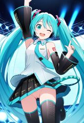 ai_generated ai_hands black_sleeves blue_eyes blue_hair cyan_eyes cyan_hair exposed_pussy happy hatsune_miku long_hair nai_diffusion no_panties one_eye_closed pointing_up skirt sleeveless_shirt smile stage thighhighs twintails