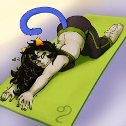 1girls 2023 :3 ass black_hair blue_fur breasts commission currentlytr_ash fangs feet green_eyes green_nails grey_skin heart homestuck horns long_hair meulin_leijon ms_paint_adventures smile solo sports_bra stretching tail troll yoga yoga_mat yoga_pants