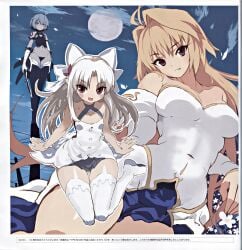 00s 3girls absurdres ahoge archetype_earth arcueid_brunestud bandages bare_shoulders black_panties blonde_hair blue_eyes blue_hair blue_legwear blush boots bow bow_panties breasts cleavage curvy detached_sleeves dress dual_wielding fate/apocrypha fate_(series) female_focus flat_chest full_moon grin hair_intakes hairbow halterneck happy highleg highleg_panties highres holding jack_the_ripper_(fate/apocrypha) large_breasts long_hair looking_at_viewer melty_blood miniskirt moon multiple_girls night no_bra oerba_yun_fang open_mouth outdoors panties pointy_ears red_eyes sanada_taketo scan shiny_skin short_hair skirt sky smile standing string_panties tattoo thigh_boots thighhighs thong tsukihime type-moon underwear weapon white_hair white_legwear white_len