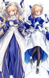 alternate_version_available archetype_earth arcueid_brunestud armpits arms_up back bare_shoulders black_gloves blonde_hair blue_skirt blush breasts cleavage dakimakura_(medium) detached_collar detached_sleeves dress fate/grand_order fate_(series) female flower gloves hair_flower hair_ornament high_heels highres kousaki_rui large_breasts layered_skirt long_hair long_skirt looking_at_viewer looking_back lying on_back open_mouth pantyhose parted_lips red_eyes sash short_hair skirt tsukihime very_long_hair white_dress white_gloves