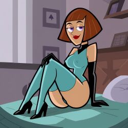 1girls 1milf aegis999_(artist) ai_generated danny_phantom erect_nipples gloves green_socks heels high_heels leotard looking_at_viewer madeline_fenton milf nickelodeon nipple_bulge purple_eyes sitting_on_bed socks socks_and_heels thigh_socks thighhighs thighs