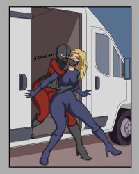 blonde_hair blonde_hair blue_eyes bodysuit chloroform eyeliner eyes_rolling_back femdom femsub hand_over_another's_mouth handgag heel_boots heels hushing kidnapping struggling struggling_prey white_van