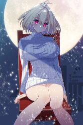 arcueid_brunestud bare_legs blonde_hair breasts chair eyebrows_hidden_by_hair fate/grand_order fate_(series) female hair_between_eyes highres large_breasts looking_at_viewer moon red_eyes short_hair sitting solo sweater tajima_yoshikazu thighs tsukihime tsukihime_(remake)