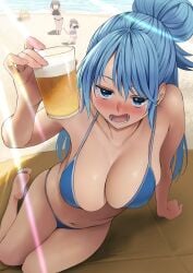 1girls 4girls absurd_res absurdres adult aqua_(konosuba) arm_support arm_up armpits bare_arms bare_chest bare_legs bare_midriff bare_shoulders bare_skin bare_thighs beach beer belly belly_button bikini blue_bikini blue_bikini_bottom blue_bikini_top blue_eyes blue_eyes_female blue_hair blue_hair_female blue_swimsuit blue_swimwear blush blush_lines breasts cleavage coast collarbone drunk drunk_female elbows feet female female_focus female_only fingernails fingers full_body groin hand_up high_resolution highres izawa_(bhive003) knees kono_subarashii_sekai_ni_shukufuku_wo! legs light-skinned_female light_skin long_hair looking_at_viewer lower_teeth medium_breasts multiple_girls naked naked_female navel nude nude_female open_mouth sand sea seaside shoulders sitting sitting_on_floor smile smiling smiling_at_viewer soles string_bikini swimsuit swimwear thick_thighs thighs toes v-line water