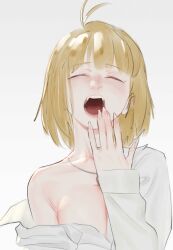 arcueid_brunestud blonde_hair breast breasts female huge_breasts large_breasts leo. leodot partially_nude simple_background sleepy solo sweater tsukihime type-moon vampire vampire_girl white_background yawn