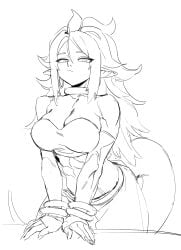 1girls abs android_21 arabian athletic_female belly_button big_breasts black_and_white collar dragon_ball dragon_ball_fighterz dragon_ball_z fit_female harem_outfit jewelry long_hair looking_at_viewer majin_android_21 muscular_arms muscular_female navel pencil_(artwork) pointy_ears six_pack spiked_hair spiky_hair tail zquung