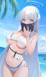 absurdres andamiro_(artist) beach bikini bird blue_archive book english_text grey_hair halo hand_on_own_chest headgear headphones highres id_card large_breasts long_hair looking_at_viewer mechanical_halo millennium_science_school_student noa_(blue_archive) open_book pen purple_eyes rock seminar_(blue_archive) sky swimsuit text tree two-sided_fabric very_long_hair white_hair white_halo