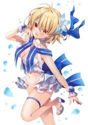 archetype_earth arcueid_brunestud bare_shoulders bikini blonde_hair blush breasts cleavage fate/grand_order fate_(series) female flower hair_flower hair_ornament highres ko_yu large_breasts looking_at_viewer navel open_mouth red_eyes sandals short_hair solo swimsuit thighs tsukihime type-moon white_background white_bikini