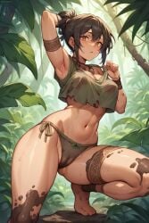 ai_generated brown_eyes brown_hair cameltoe cave_girl cavegirl cavewoman day female hand_on_head jungle jungle_girl kneeling looking_at_viewer medium_breasts ponytail pulling_clothing swamp torn_clothes