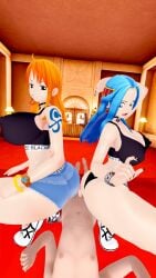 2girls blacked_clothing blue_hair brown_eyes denim denim_shorts evaan female female_focus kaoskatsu koikatsu large_breasts male medium_hair nami namilovesbbc nefertari_vivi nylon_koi one_piece orange_hair post-timeskip queen_of_spades short_shorts small_penis small_penis_gesture small_penis_humiliation