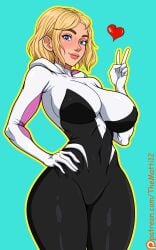 big_ass big_breasts blonde_hair blue_eyes female female_only gwen_stacy hand_on_waist marvel spider-gwen spider-man:_into_the_spider-verse spider-man_(series) standing superhero superhero_costume superheroine thematti123 thick thick_ass thick_lips thick_thighs twitter_link victory_pose wide_hips