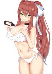 absurd_res absurdres bikini blush breasts color doki_doki_literature_club green_eyes high_heels large_breasts long_hair looking_at_viewer lotion_bottle monika_(doki_doki_literature_club) pink_hair ribbon ribbon_in_hair smile smiling_at_viewer thick_thighs upscaled white_ribbon wide_hips yon4444444