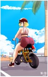 america-chan ass auri_(kogeikun) beach big_ass big_breasts blonde_hair breasts glasses helmet huge_ass huge_breasts kogeikun looking_back motorcycle original original_character pantylines short_shorts sports_bra visible_underwear wendolin