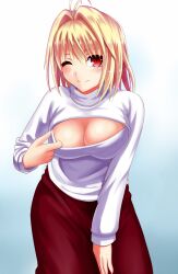 00s ;) antenna_hair arcueid_brunestud blonde_hair blush breasts cleavage cleavage_cutout cleavage_reach clothes_pull clothing_cutout egnis female female_focus hair_intakes hand_on_leg hand_on_own_leg hand_on_own_thigh hand_on_thigh highres large_breasts leaning_forward long_skirt meme_attire one_eye_closed open-chest_sweater pulled_by_self purple_skirt red_eyes ribbed_sweater short_hair skirt smile solo sweater teasing tsukihime turtleneck