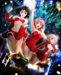 00s 3girls ahoge alternate_costume arcueid_brunestud artoria_pendragon artoria_pendragon_(all) artoria_pendragon_(fate) bare_legs bare_shoulders black_hair blonde_hair bra breasts christmas cleavage company_connection covering_crotch covering_privates crossover dress dutch_angle fate/stay_night fate_(series) fe_(12141978) hair_bun hair_intakes jumping kara_no_kyoukai lace-up large_breasts legs_together miniskirt multiple_girls pink_hair red_dress red_eyes ryougi_shiki saber_(fate) short_hair single_hair_bun skirt strapless strapless_bra strapless_dress tsukihime type-moon underwear