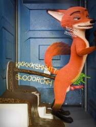 3d_(artwork) absurd_res against_door against_surface anthro blender_(software) blender_cycles bloated brown_body brown_eyebrows brown_fur canid canine dialogue digital_media_(artwork) digitigrade disney door english_text excessive_feces eyebrows feces feces_on_ground fox fur genitals green_eyes hi_res hyper hyper_feces kenresek knot looking_pleasured male mammal nick_wilde onomatopoeia orange_body orange_fur penis poop portapotty raised_tail red_penis rumbling_stomach scat solo sound_effects tagme tail text toilet_paper toilet_use zootopia