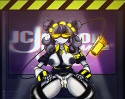 1girls acid background black_nipples breasts breasts_out female female_only glitch_productions grey_body grey_hair j_(murder_drones) madlness murder_drones nipples robot robot_girl shy sitting solo tail wet yellow_eyes