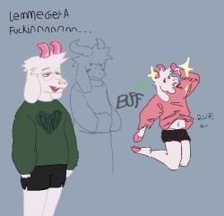 anthro asriel_dreemurr asriel_dreemurr_(god_form) belly big_ears biped bovid buffalonium bulge caprine clothing cloven_hooves deltarune detailed_bulge directional_arrow eyewear fur fur_markings genital_outline glasses goat hoodie hooves horn makeup male male_anthro male_only mammal markings navel penis_outline ralsei simple_background solo sweater text topwear tummy_flashing undertale undertale_(series)